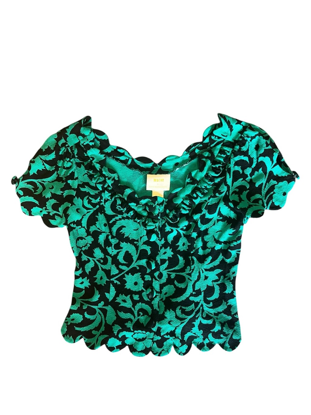 Maeve by Anthropologie Scalloped Floral Puff-Sleeve Top - Green/Black Size 0P